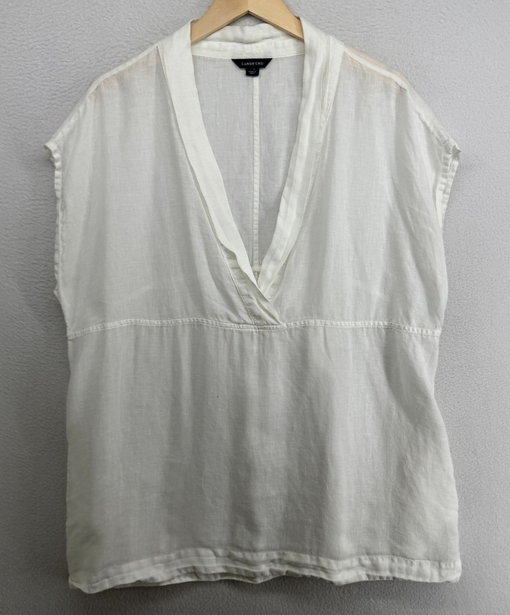 LANDS END Top Womens L 14 16 Linen Tunic Blouse Shawl Dolman Sleeveless White